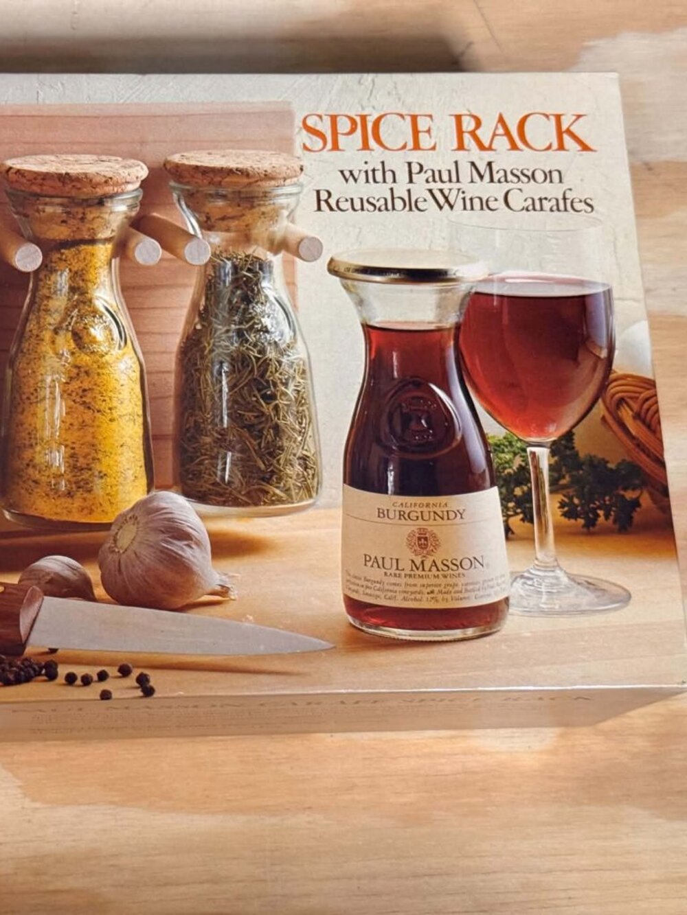 Vintage 1970s Paul Masson Wine Carafe Spice Rack Gift Set Wall Mount NIB